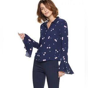 Popsugar Cherry Dot Bell Sleeves Blue/Pink Top Size M Fairy Fairycore